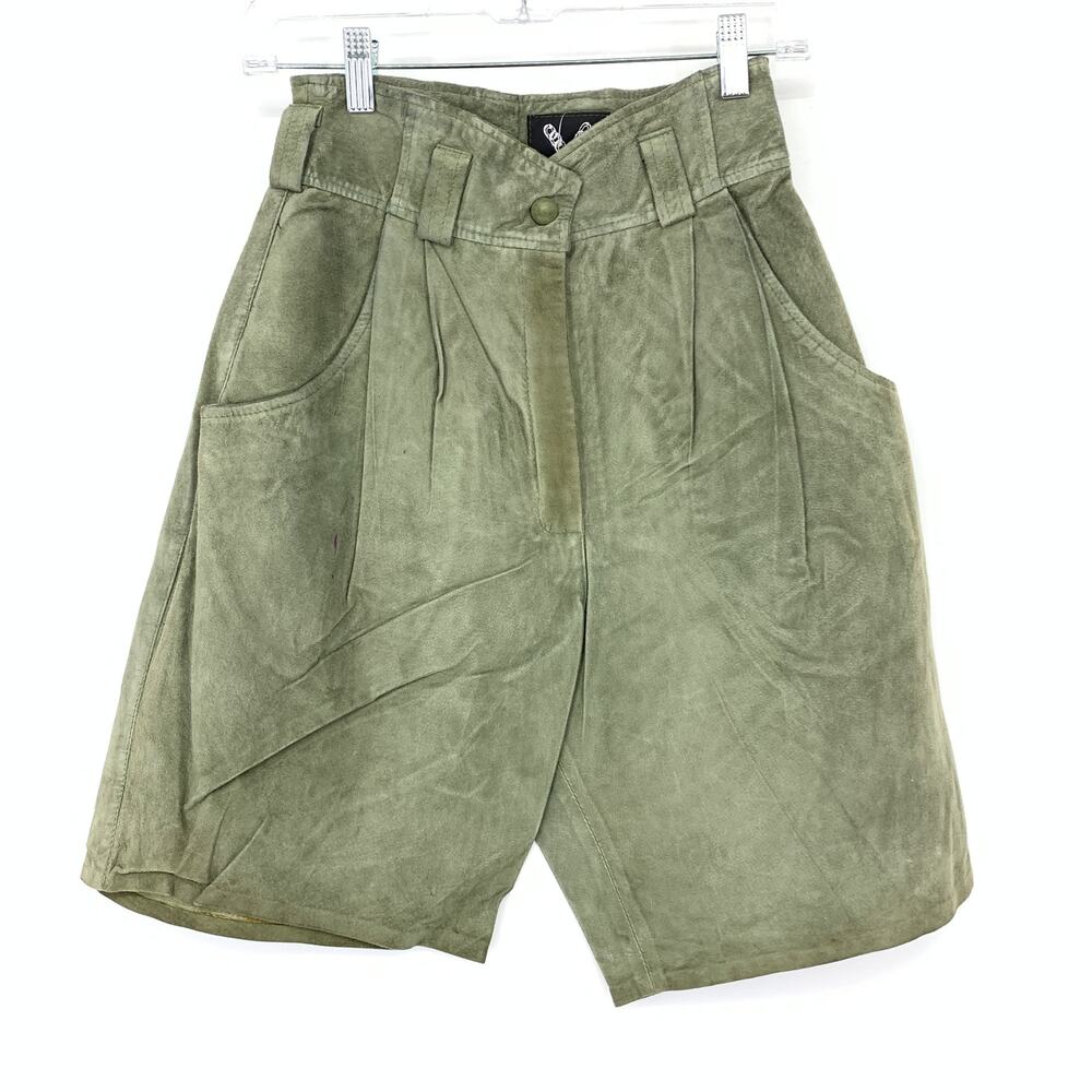 Ethnix Suede Leather Shorts Womens Size 0 High Waist Pleated Green Made in USA